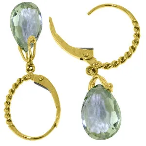 6 Carat 14K Solid Yellow Gold Leverback Earrings Briolette Green Amethyst