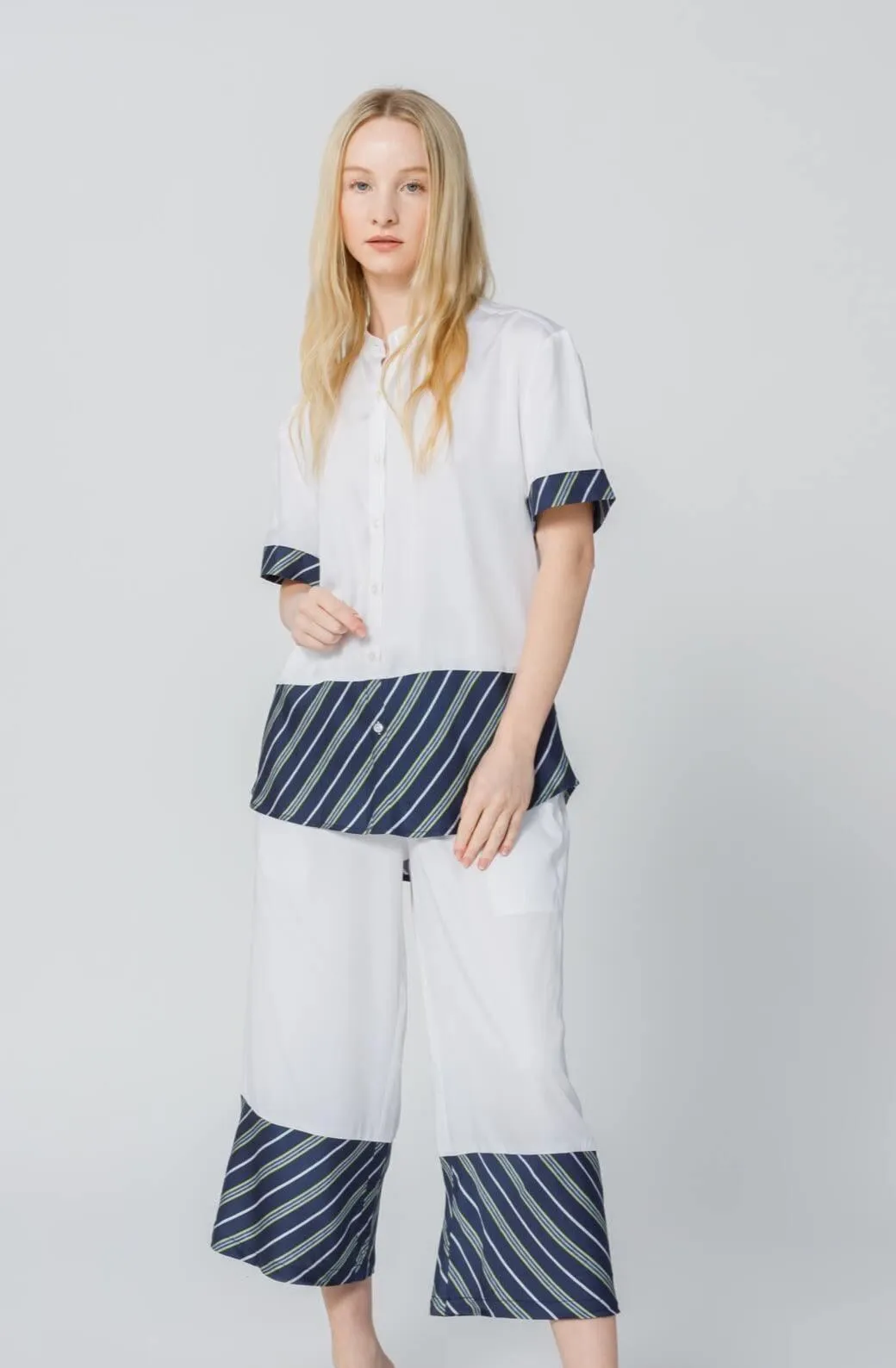 Bamboo Stripe Inset Short Sleeve Cropped Pajama Set