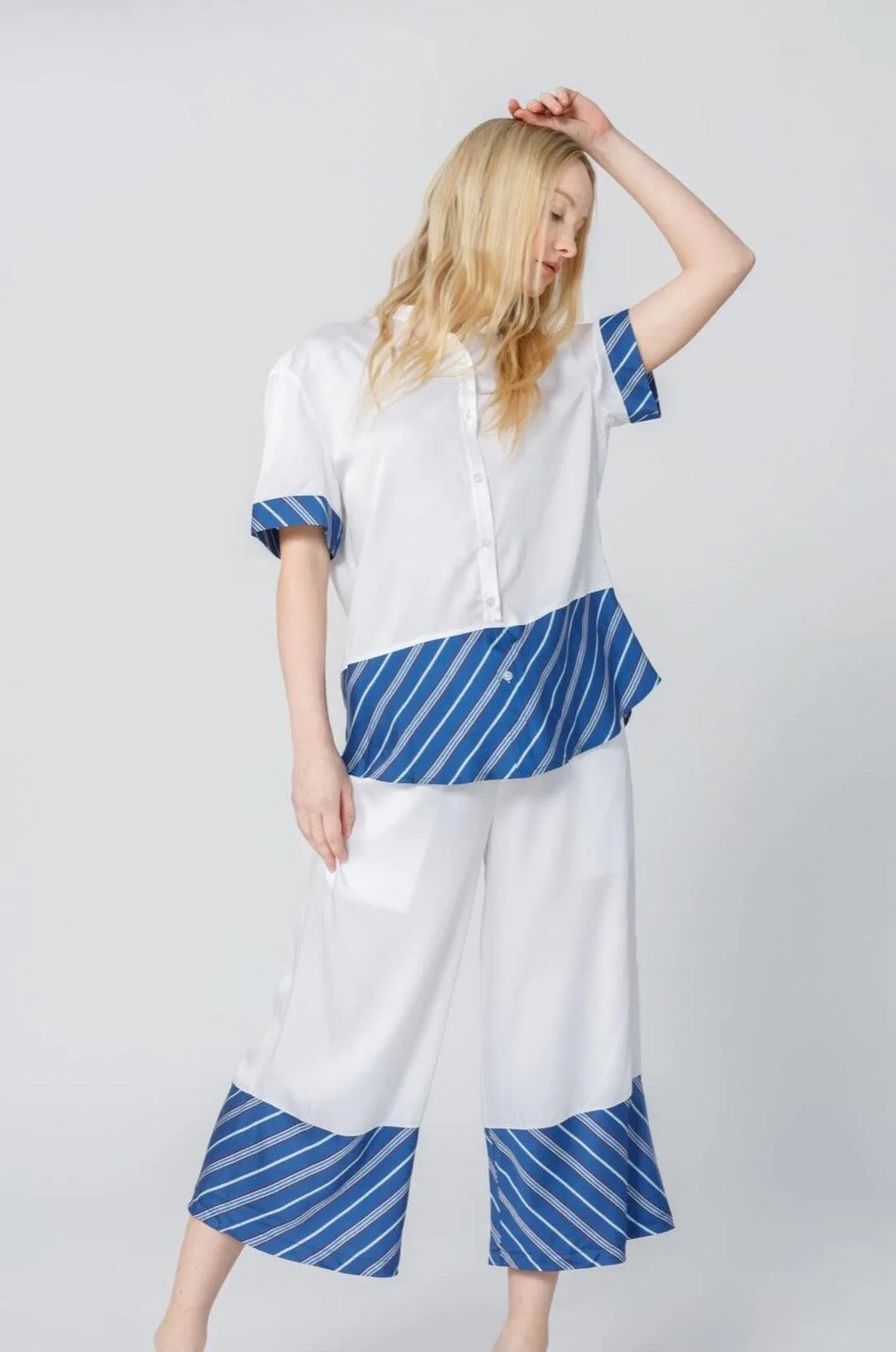 Bamboo Stripe Inset Short Sleeve Cropped Pajama Set