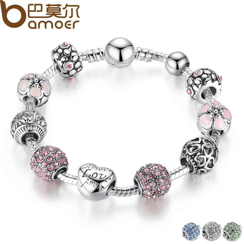 BAMOER Antique Silver Charm Bracelet & Bangle with Love and Flower Crystal Ball Women Wedding Valentine's Day Gift PA1455