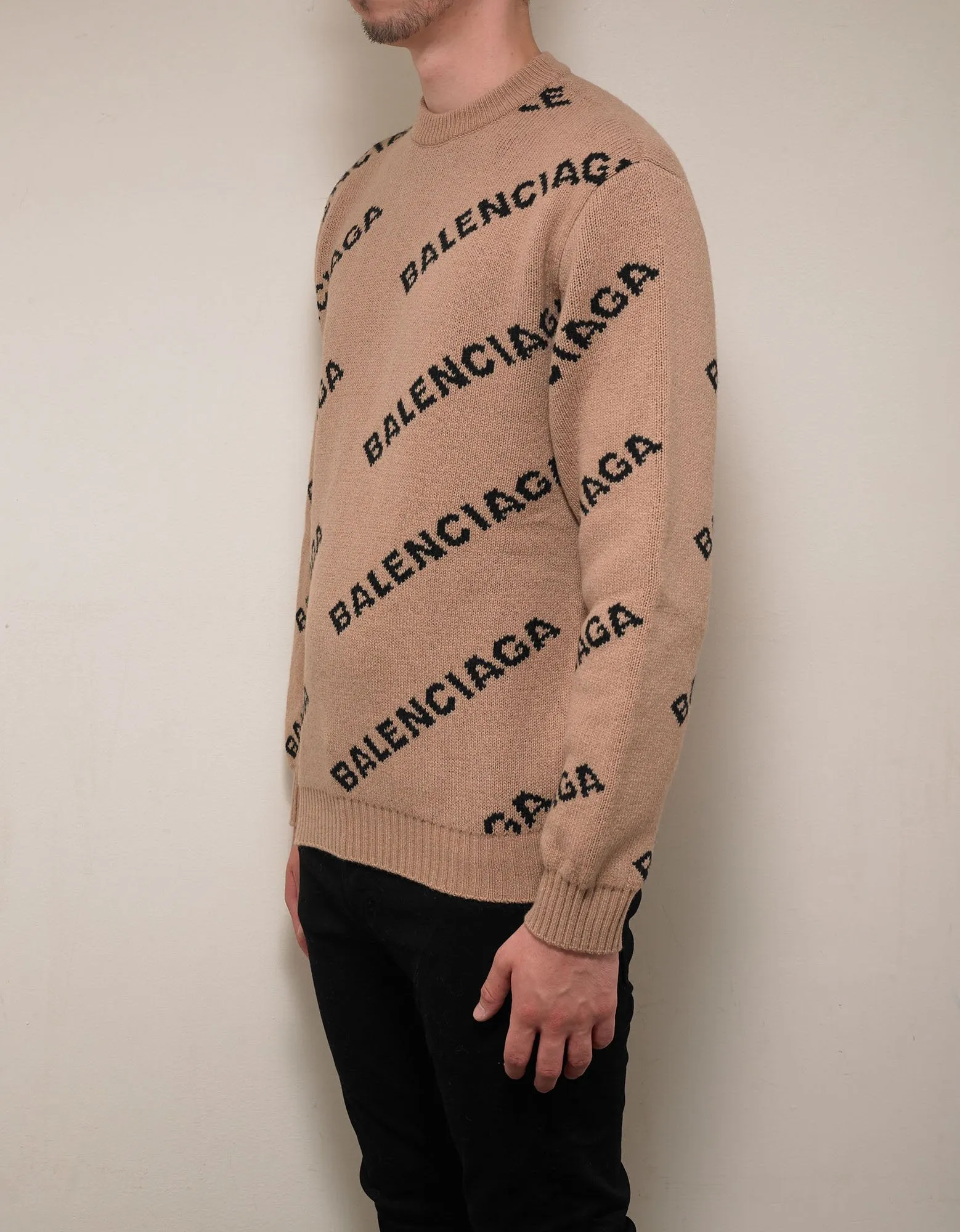 Beige Logo Jacquard Crew Neck Sweater