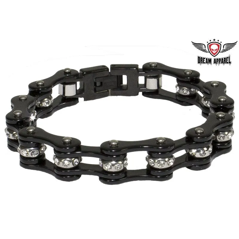 Black Motorcycle Chain Bracelet With Crystals