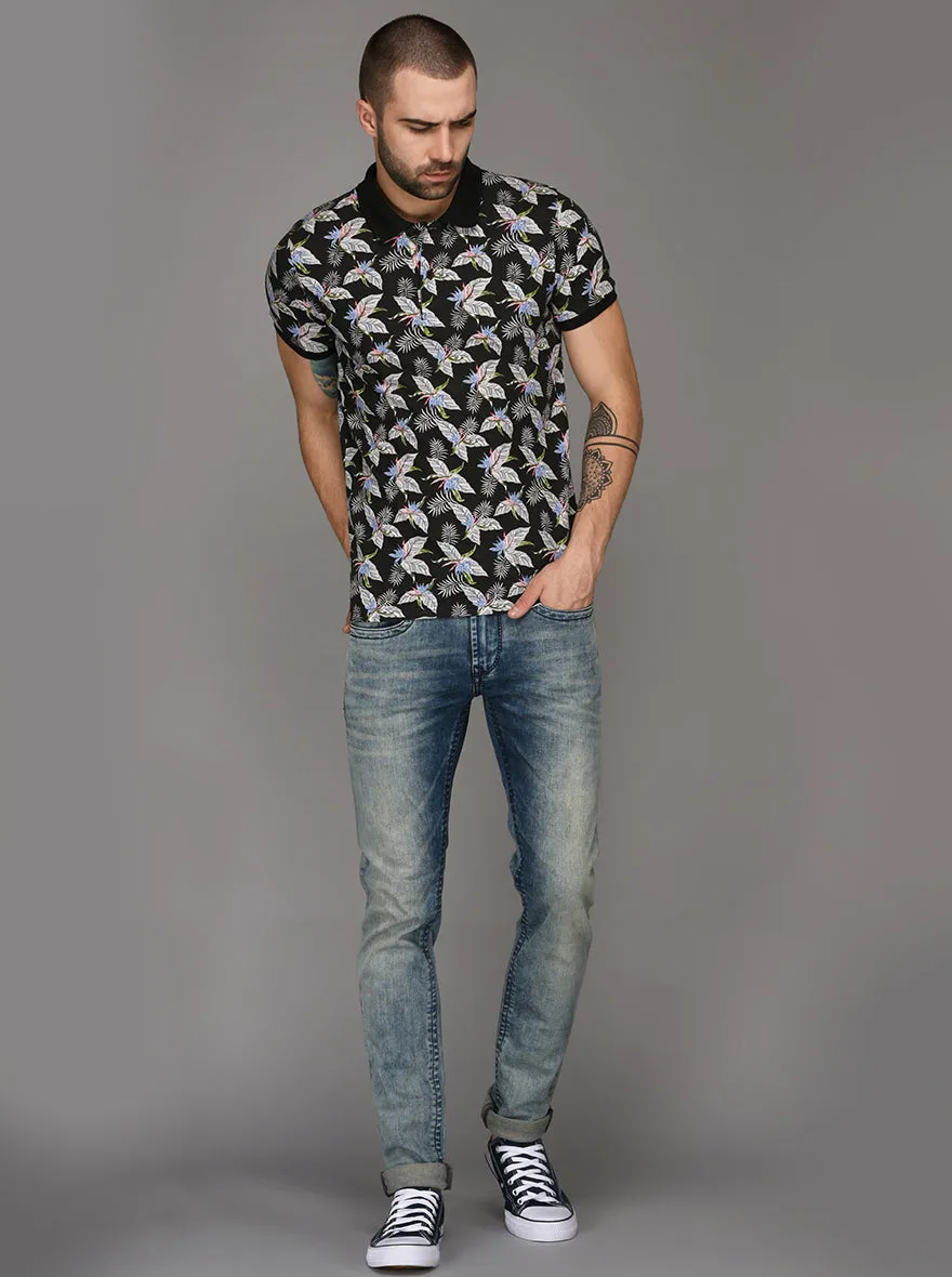 Black Printed Slim Fit Polo T-Shirt | JadeBlue