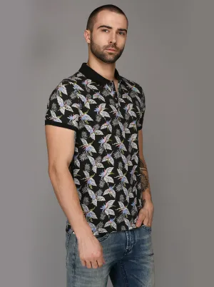 Black Printed Slim Fit Polo T-Shirt | JadeBlue