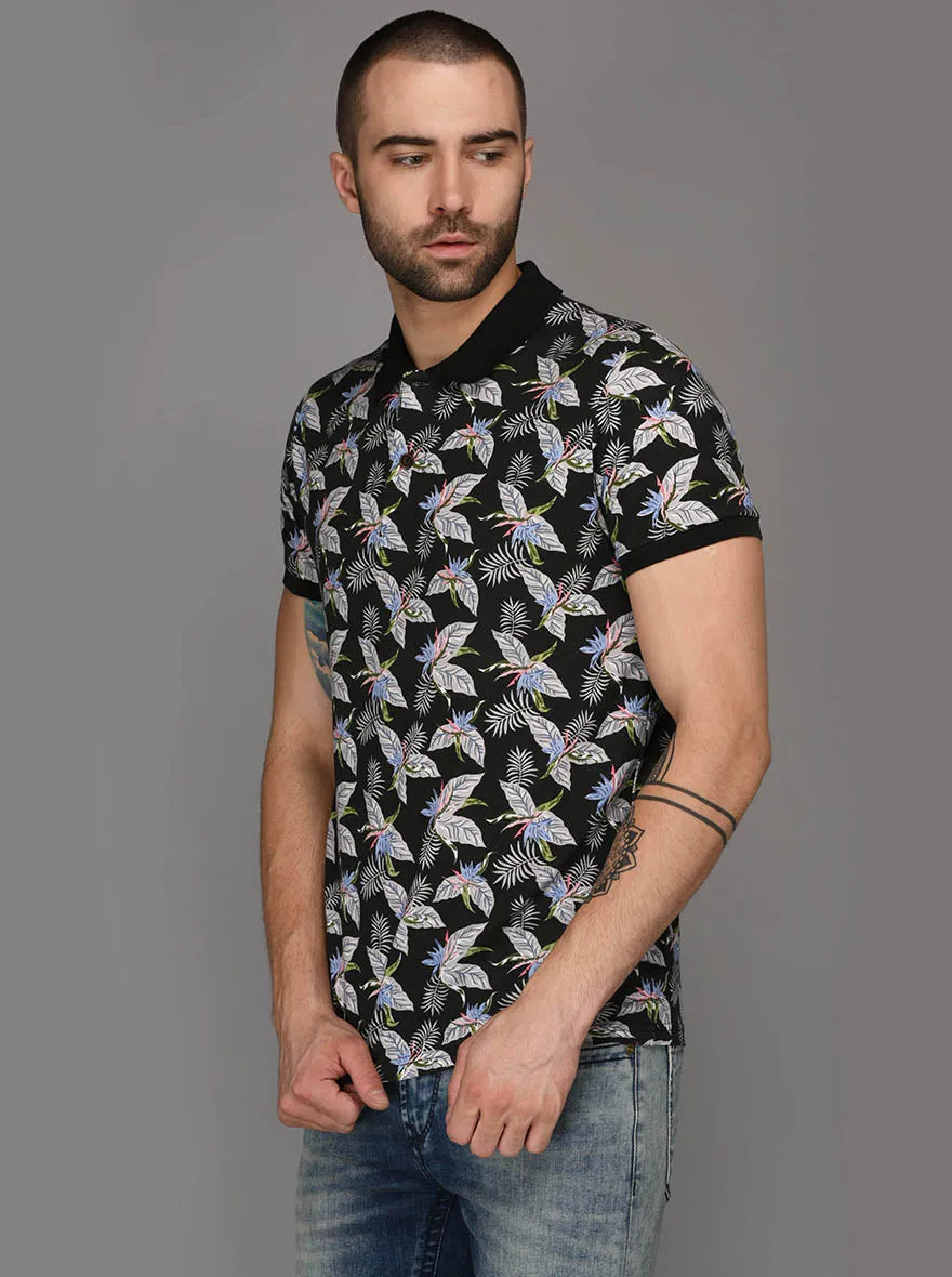 Black Printed Slim Fit Polo T-Shirt | JadeBlue