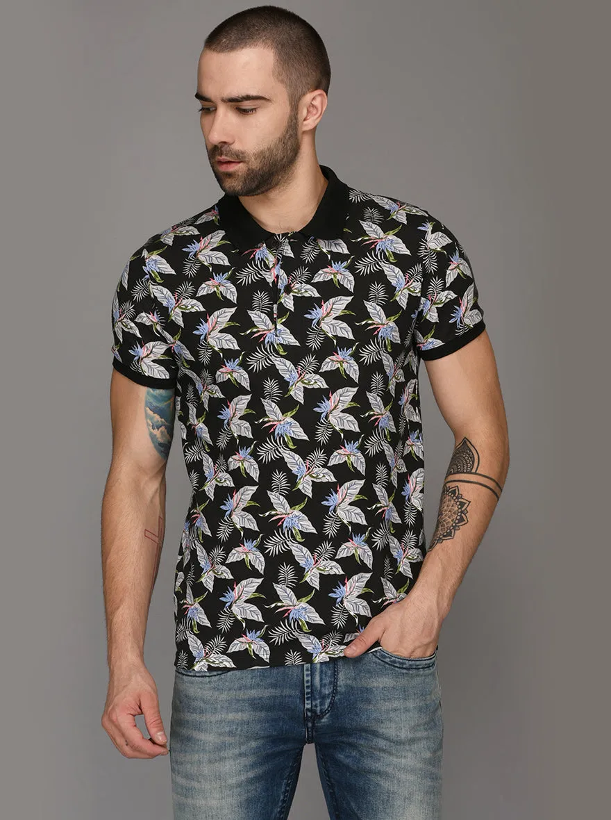 Black Printed Slim Fit Polo T-Shirt | JadeBlue