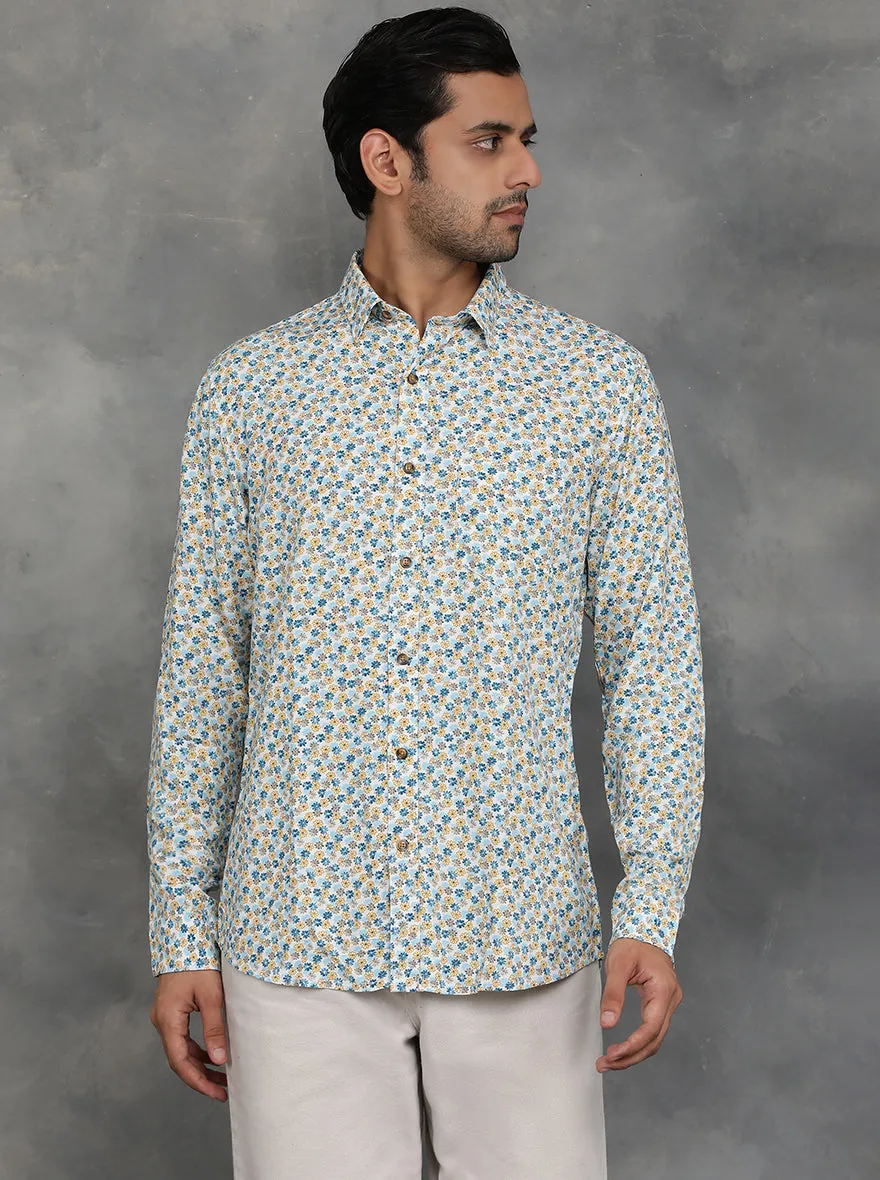 Blue & Yellow Printed Slim Fit Casual Shirt | JadeBlue