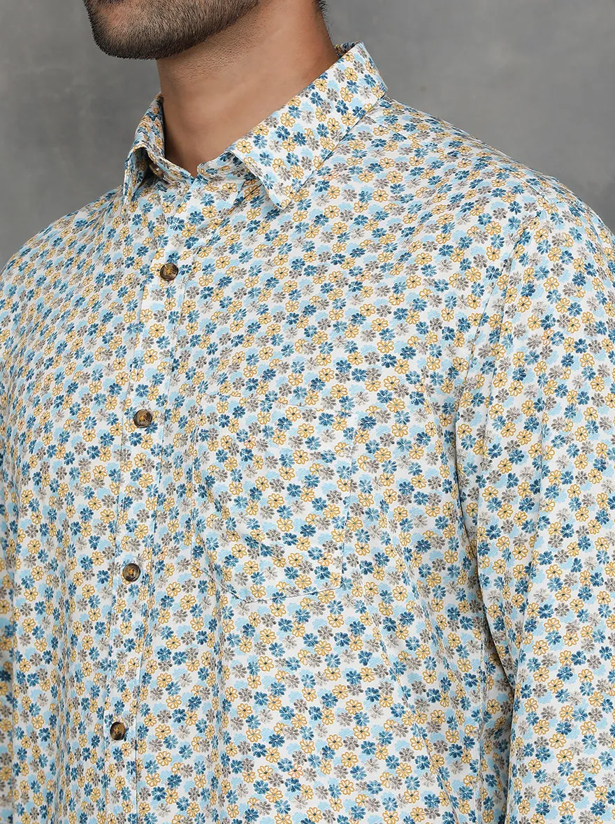 Blue & Yellow Printed Slim Fit Casual Shirt | JadeBlue