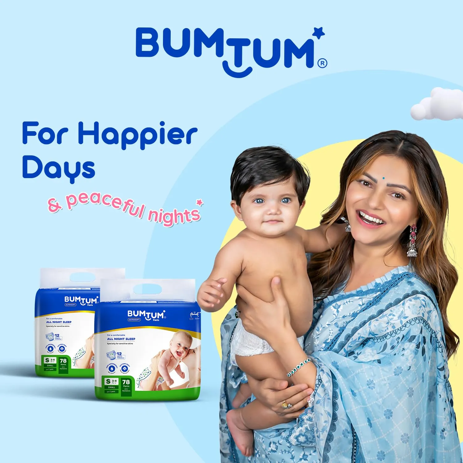 Bumtum Baby Diaper Pants, Medium/M Size, 216 Count, Double Layer Leakage Protection Infused With Aloe Vera, Cottony Soft High Absorb Technology