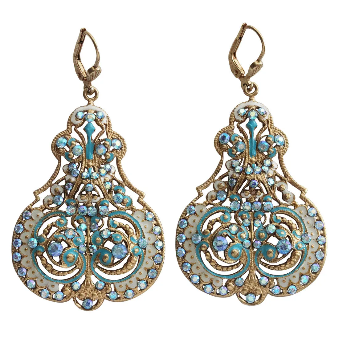 Catherine Popesco 14k Gold Plated Enamel Contessa Ornate Scroll Statement Chandelier Earrings, 3012G Blue Iridescent