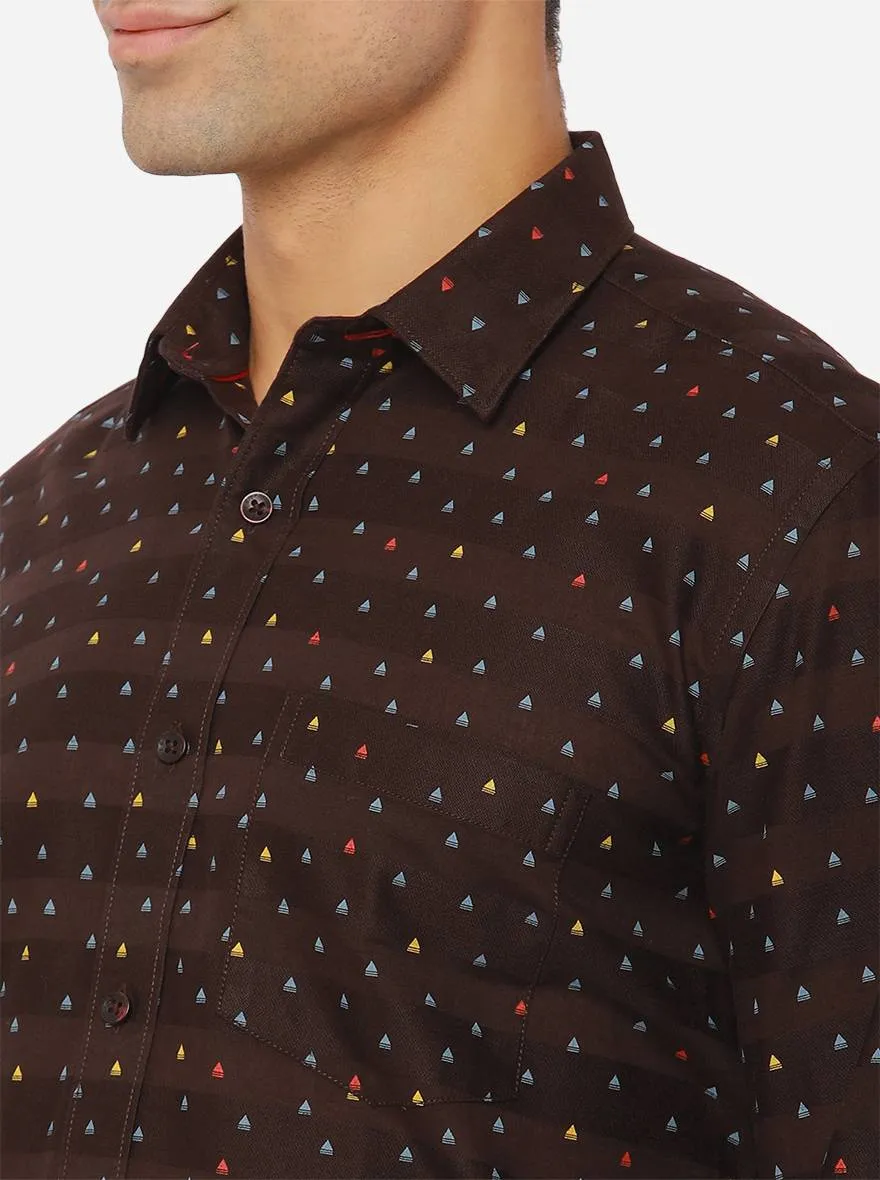 Coffee Brown Printed Slim Fit Casual Shirt | Greenfibre