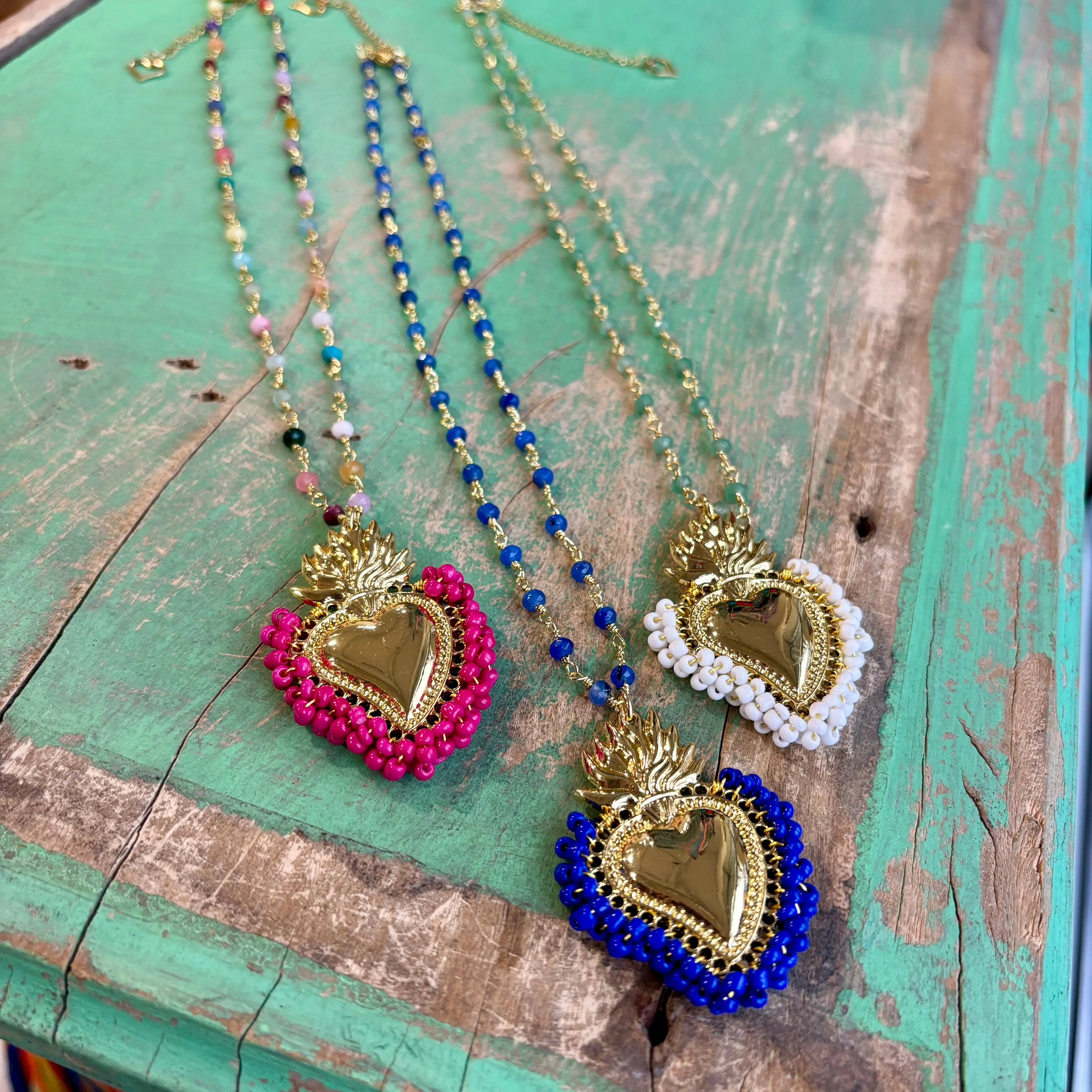 Colorful Beaded Sacred Heart Necklace