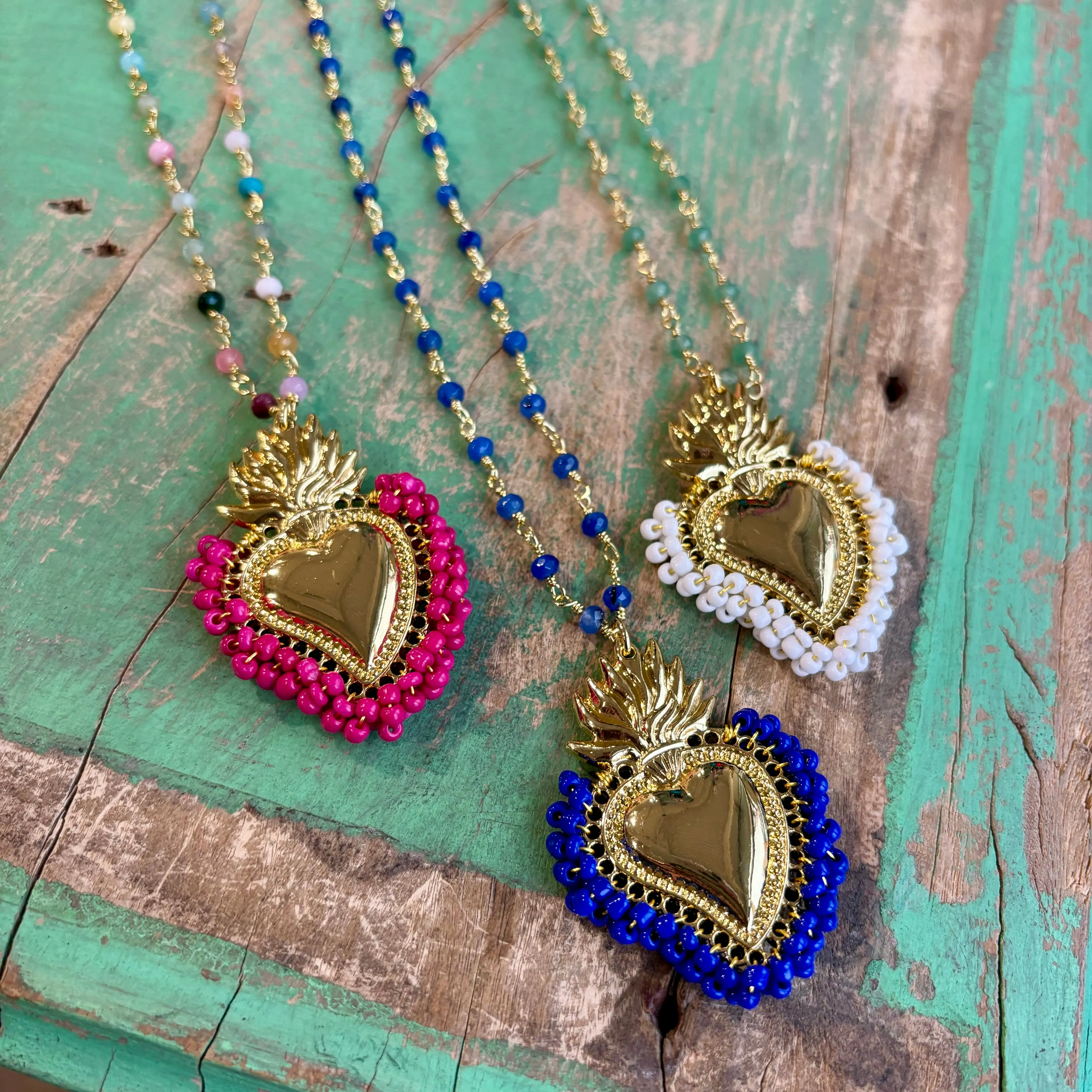 Colorful Beaded Sacred Heart Necklace