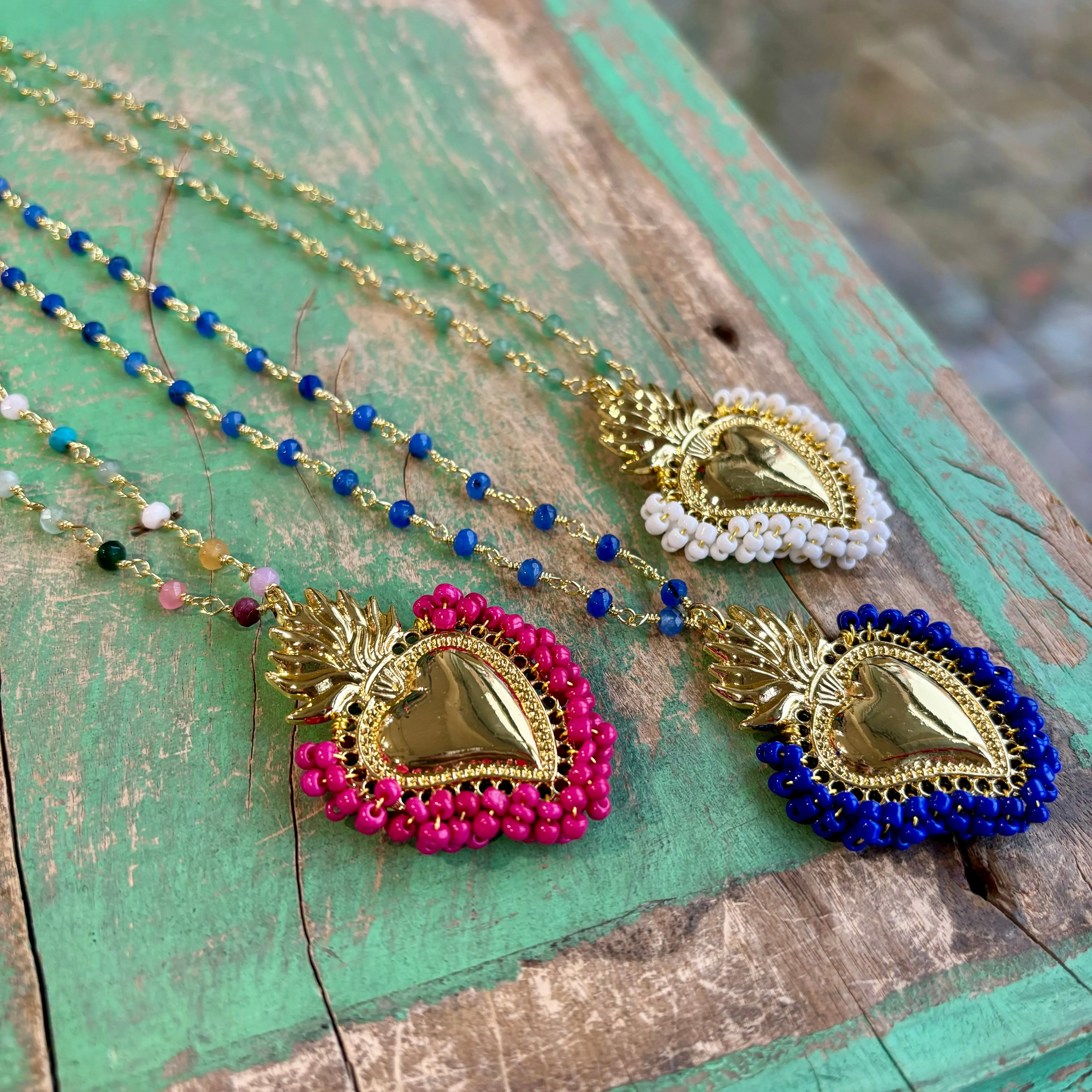 Colorful Beaded Sacred Heart Necklace