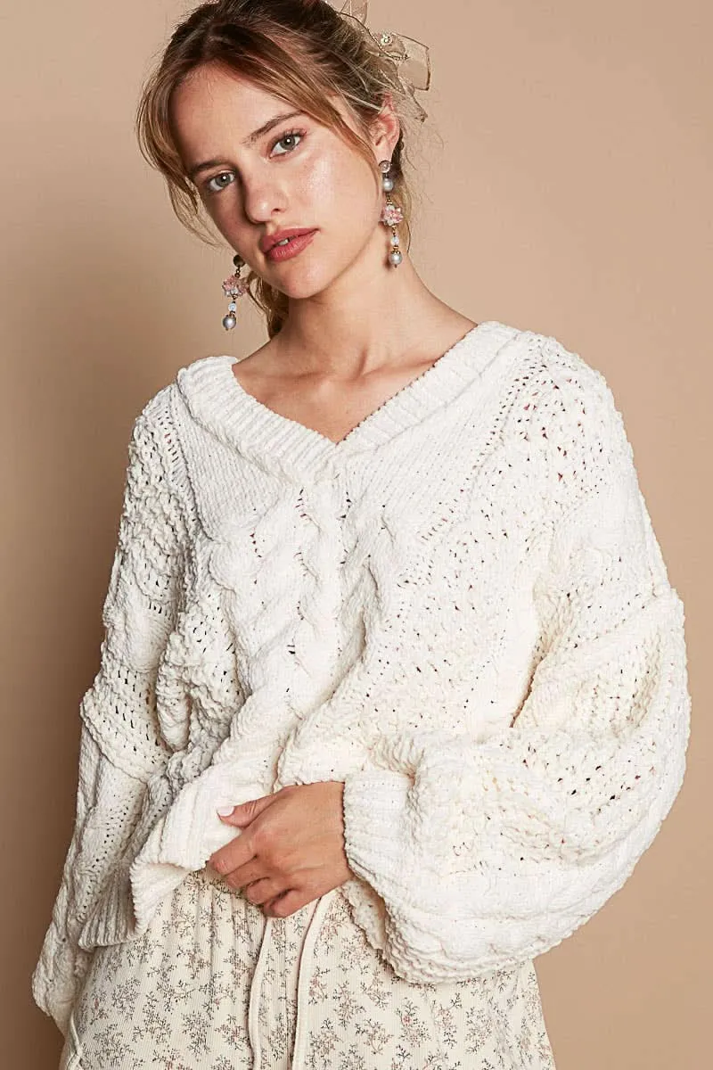 Cream V-Neck Crop Chenille Sweater