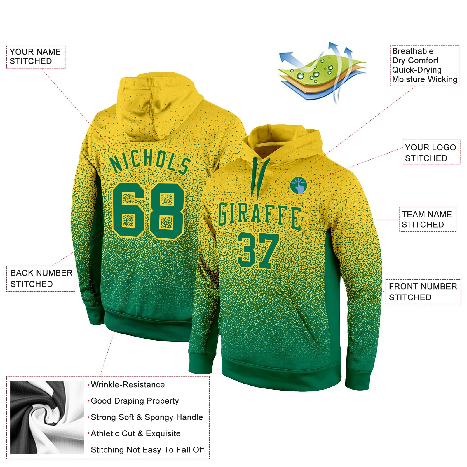 Custom Stitched Gold Kelly Green Fade Fashion Sports Pullover Sweatshirt Hoodie