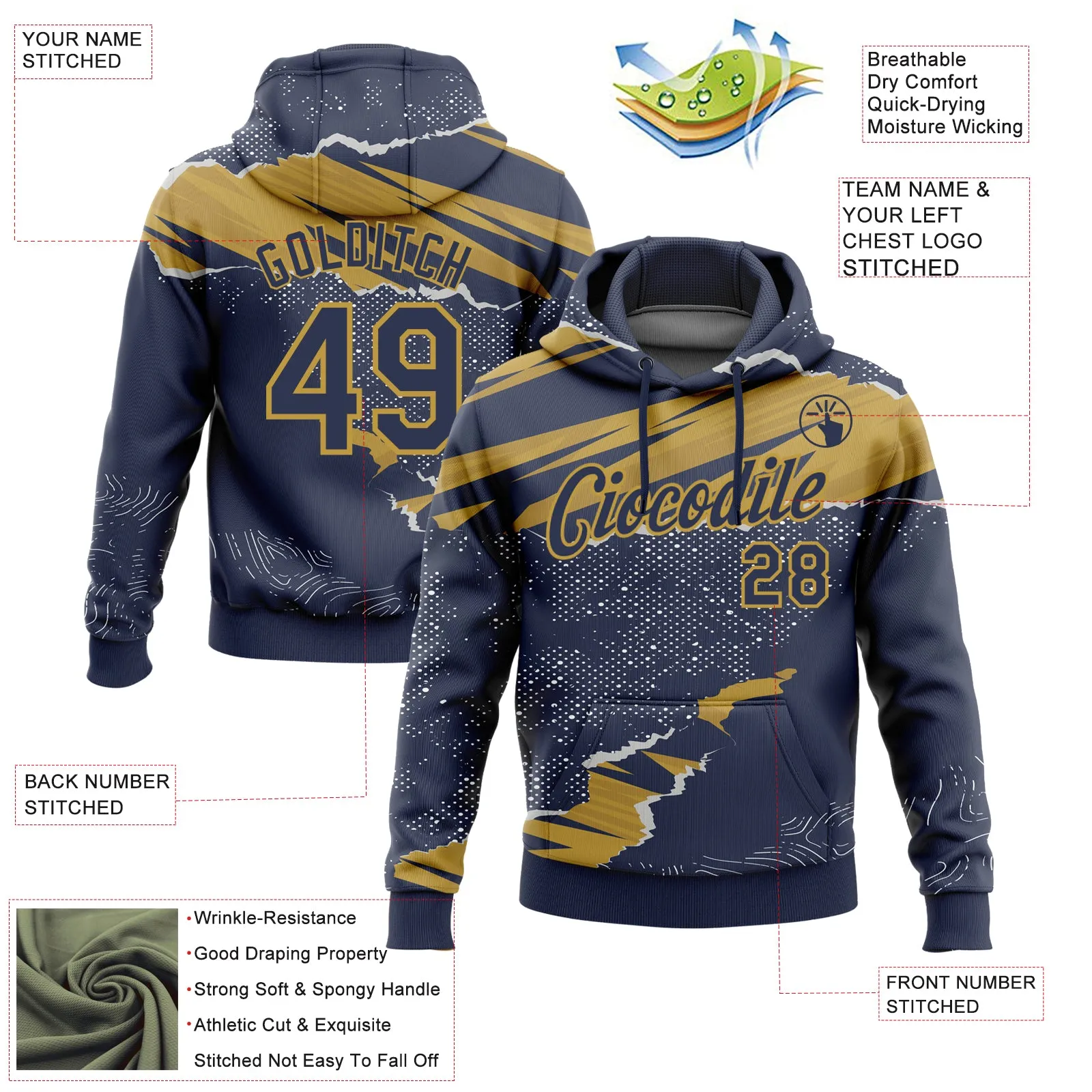 Custom Stitched Navy Old Gold 3D Pattern Design Torn Paper Style Sports Pullover Sweatshirt Hoodie