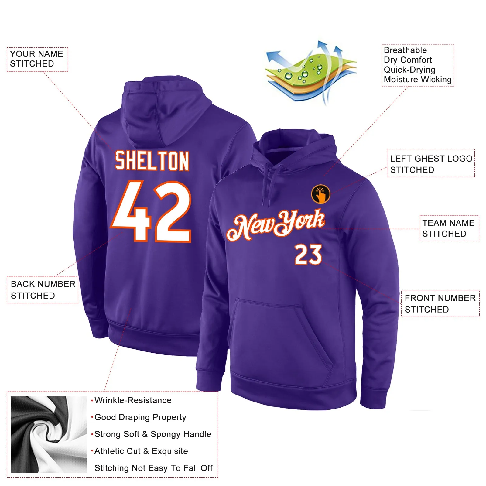 Custom Stitched Purple White-Orange Sports Pullover Sweatshirt Hoodie