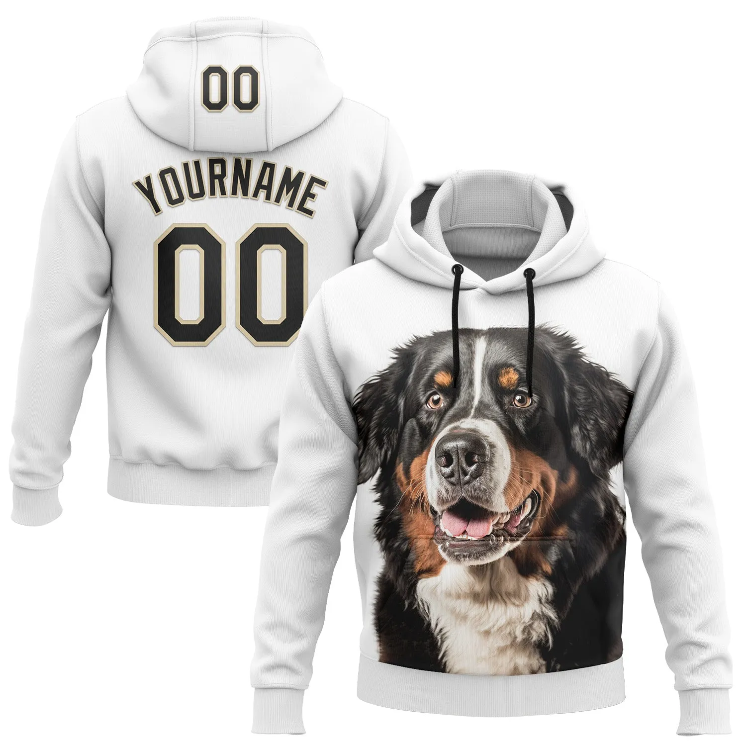 Custom Stitched White Black-Cream 3D Pattern Design Bernese Mountain Dog Sports Pullover Sweatshirt Hoodie