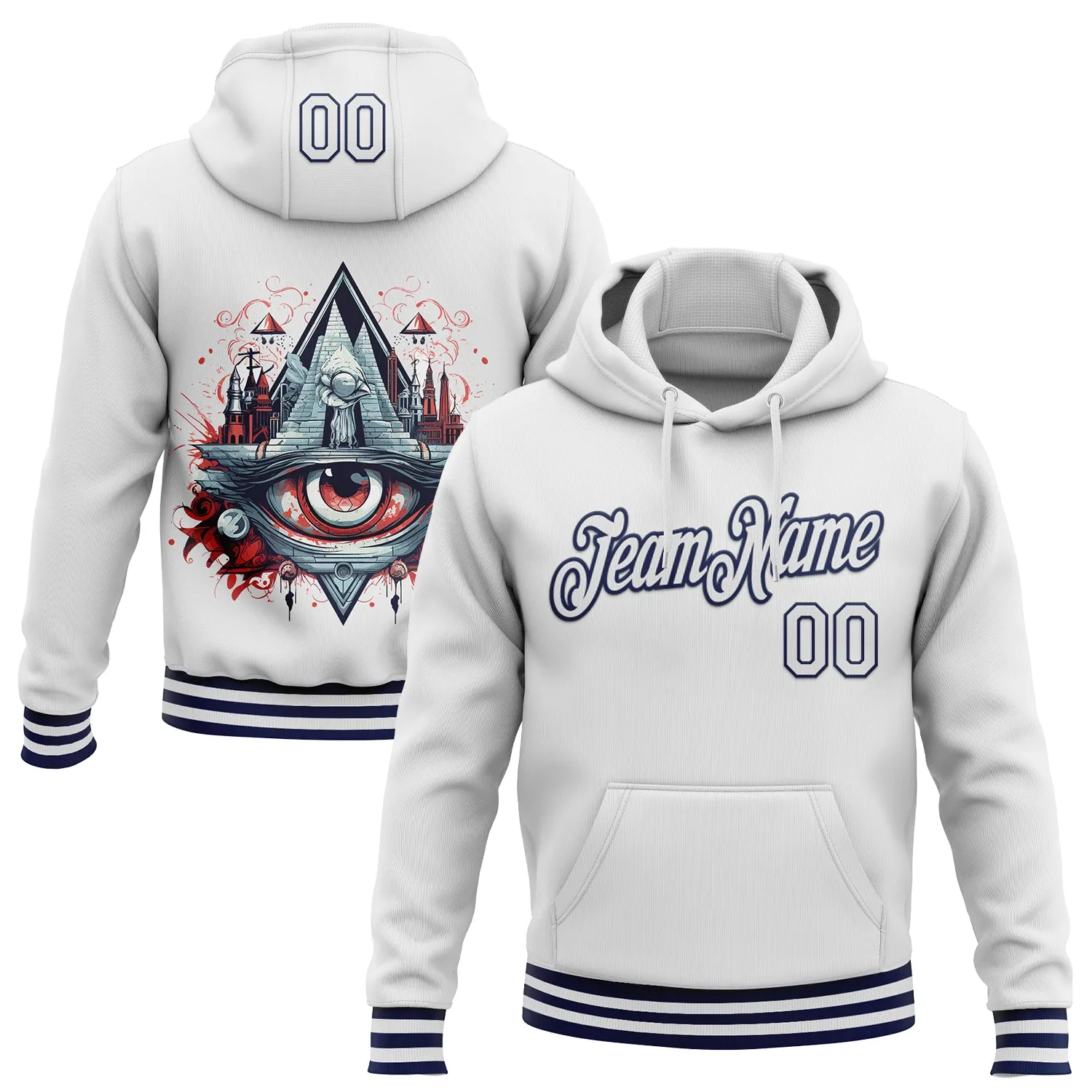 Custom Stitched White Navy 3D Pattern Design Evil Eyes Sports Pullover Sweatshirt Hoodie