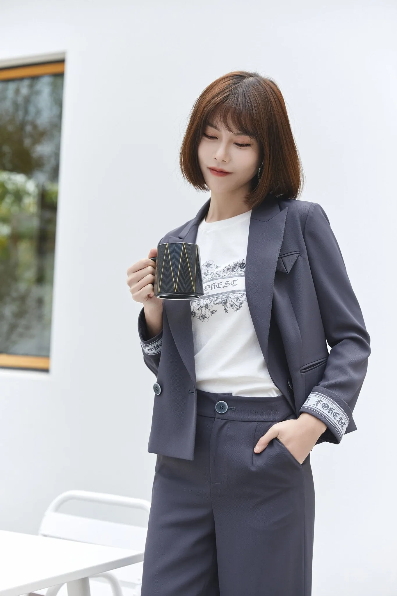 Dark Grey Straight Leg Blazer Suit Pants