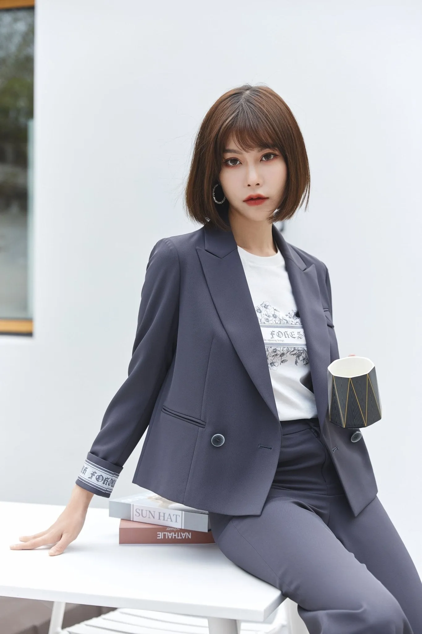 Dark Grey Straight Leg Blazer Suit Pants