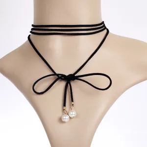 Fashion Simulated Pearl Bijoux Pure Black Velvet Ribbon Bow 170cm Long Necklace False Collar Chokers Necklace For Women Jewelry