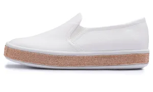 Feversole Women's Fashion Slip-On Sneaker Casual Platform Loafers White Rose Gold Rhinestone Shoes