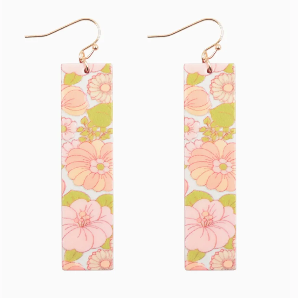 Flower Garden Wood Bar Drop Earrings