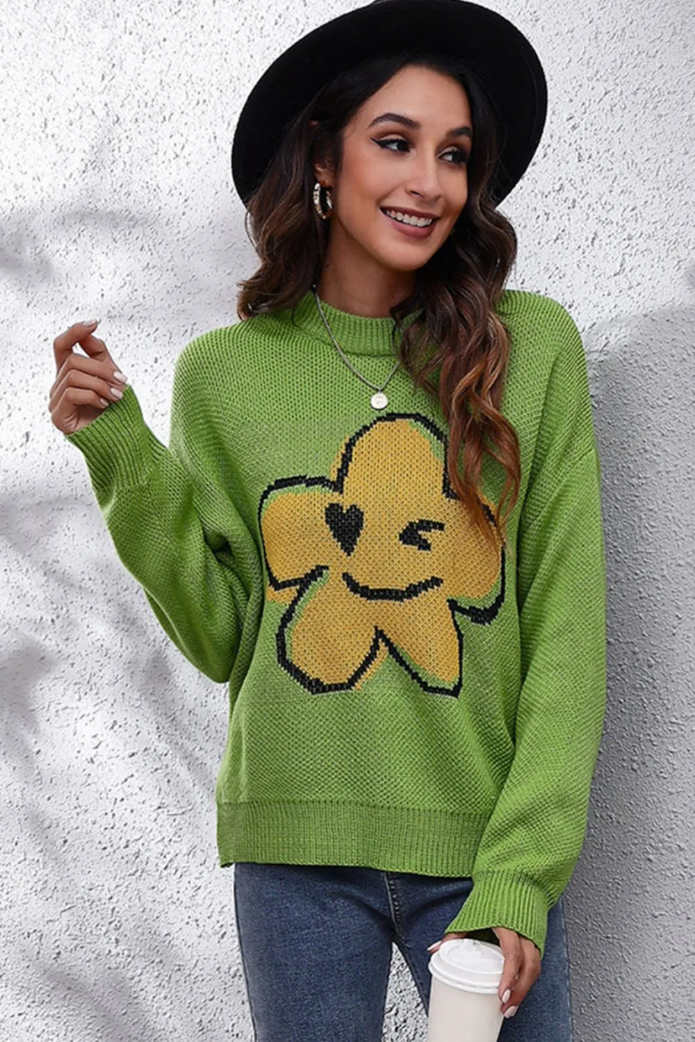 Flower Graphic Drop Shoulder Sweater