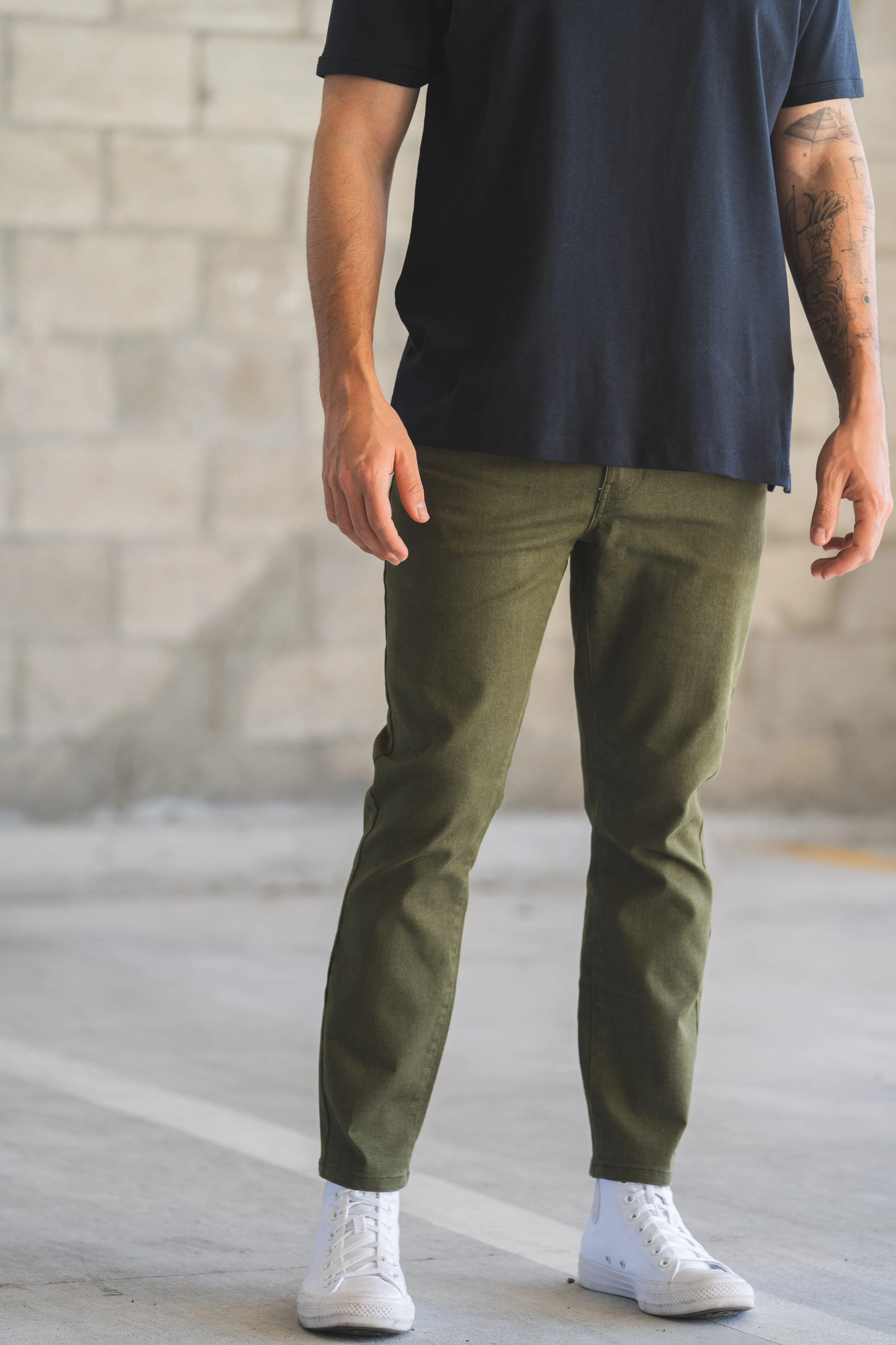 Garment Dyed Stretch Jeans Olive