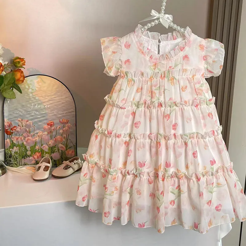 Girls' Dress 2024 Summer New Children's Fashion Floral Skirt Children Princess Dress Baby Fairy Skirt