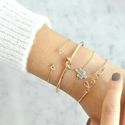 Gold color Women Fashion Punk Bracelet Simple Double Knot Loop Metal Chain Bracelets Bohemian Retro Jewelry Accessories Bangles