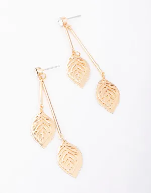 Gold Diamante Layered Leaf Drop Earrings