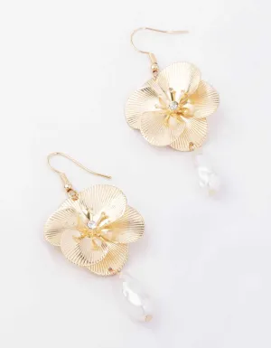 Gold Pearl & Diamante Flower Drop Earrings