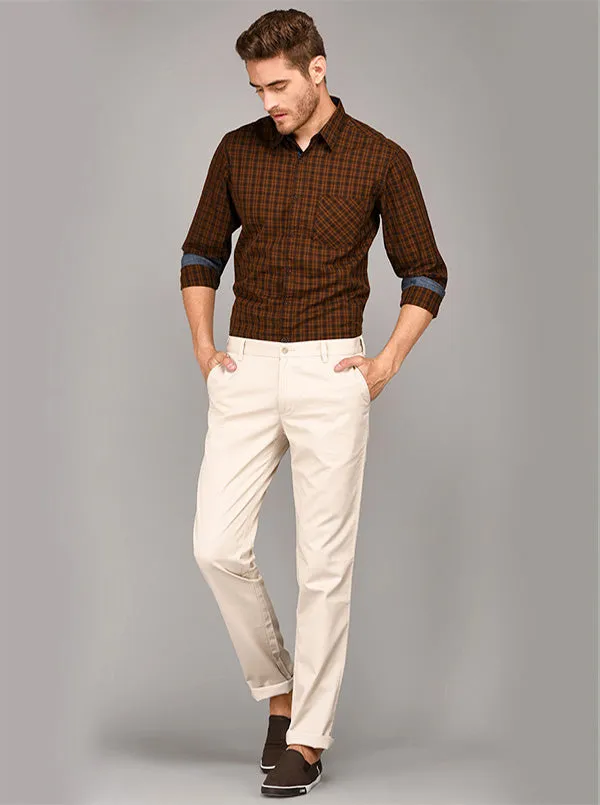 Greenfibre Beige Self Textured Slim Fit Casual Trouser