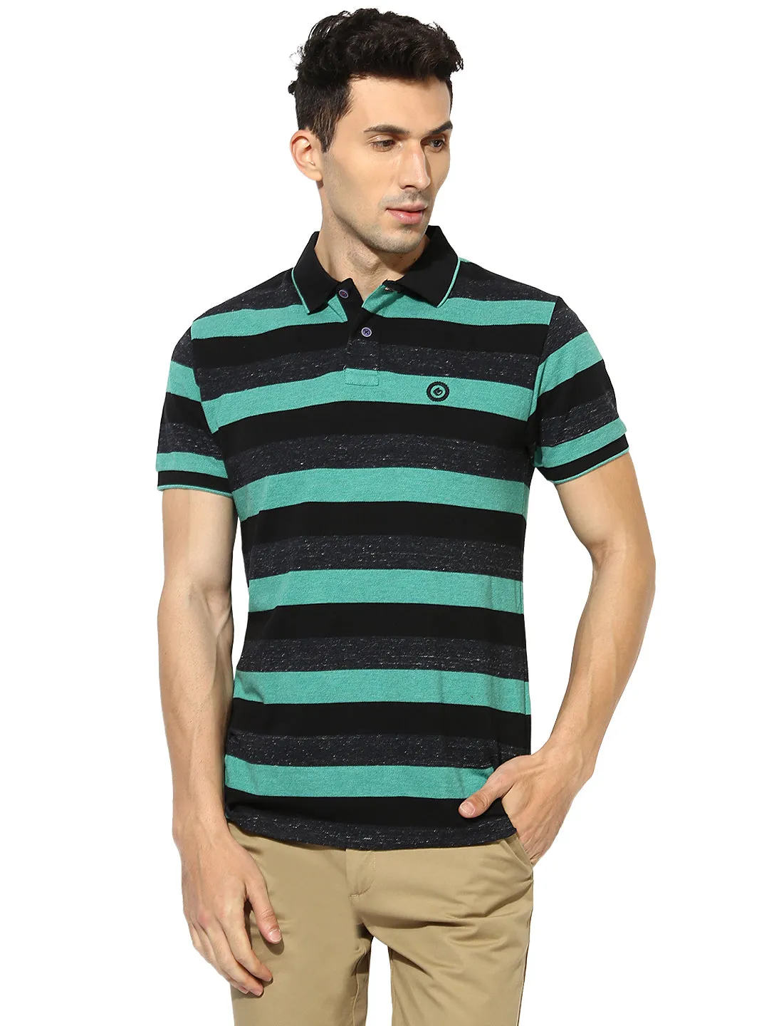 Greenfibre Green Striped Slim Fit Polo T-Shirt