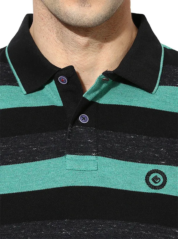 Greenfibre Green Striped Slim Fit Polo T-Shirt