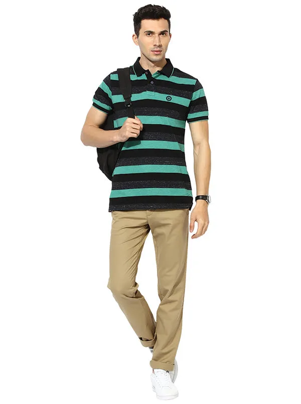 Greenfibre Green Striped Slim Fit Polo T-Shirt