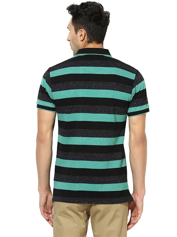 Greenfibre Green Striped Slim Fit Polo T-Shirt