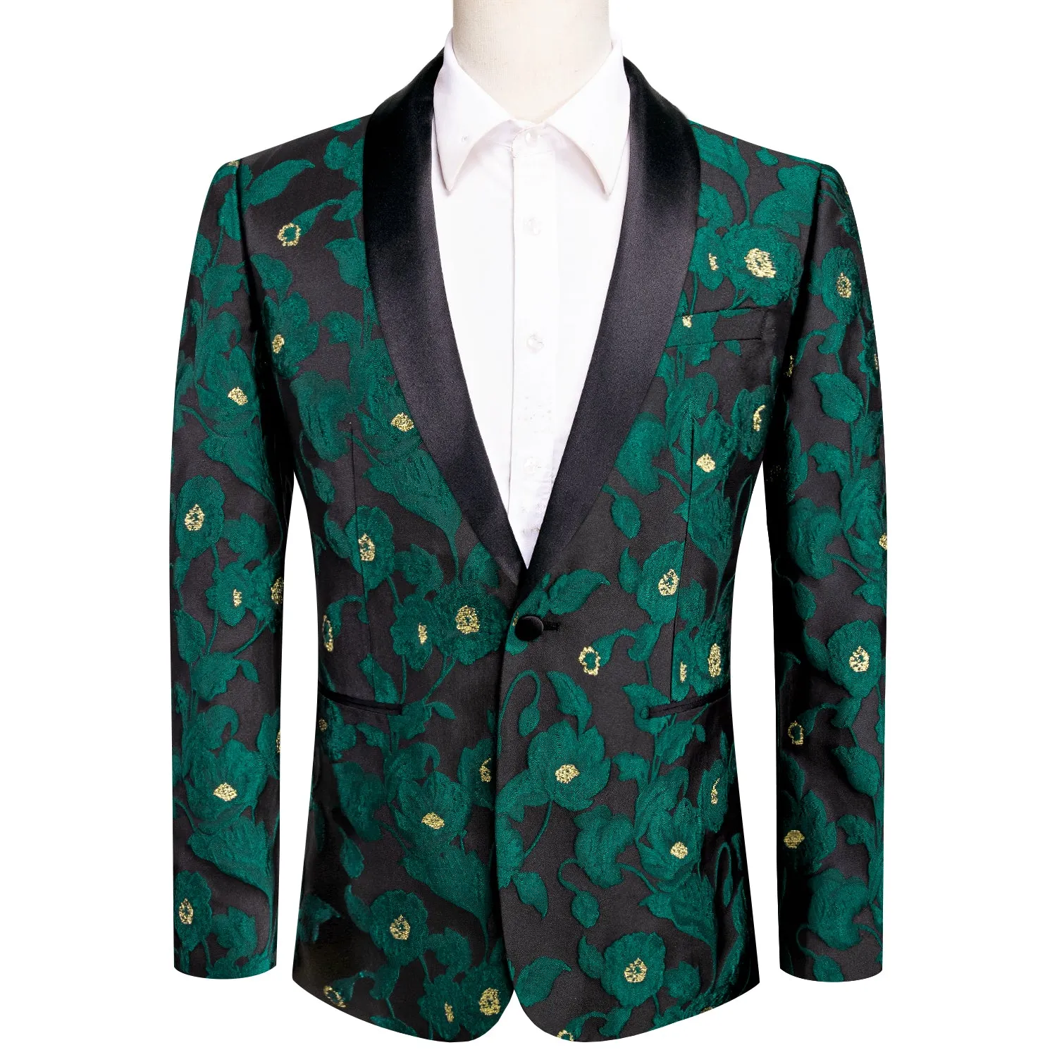 Hi-Tie Black Shawl Lapel Top Luxury Green Yellow Flower Men's Suit Set