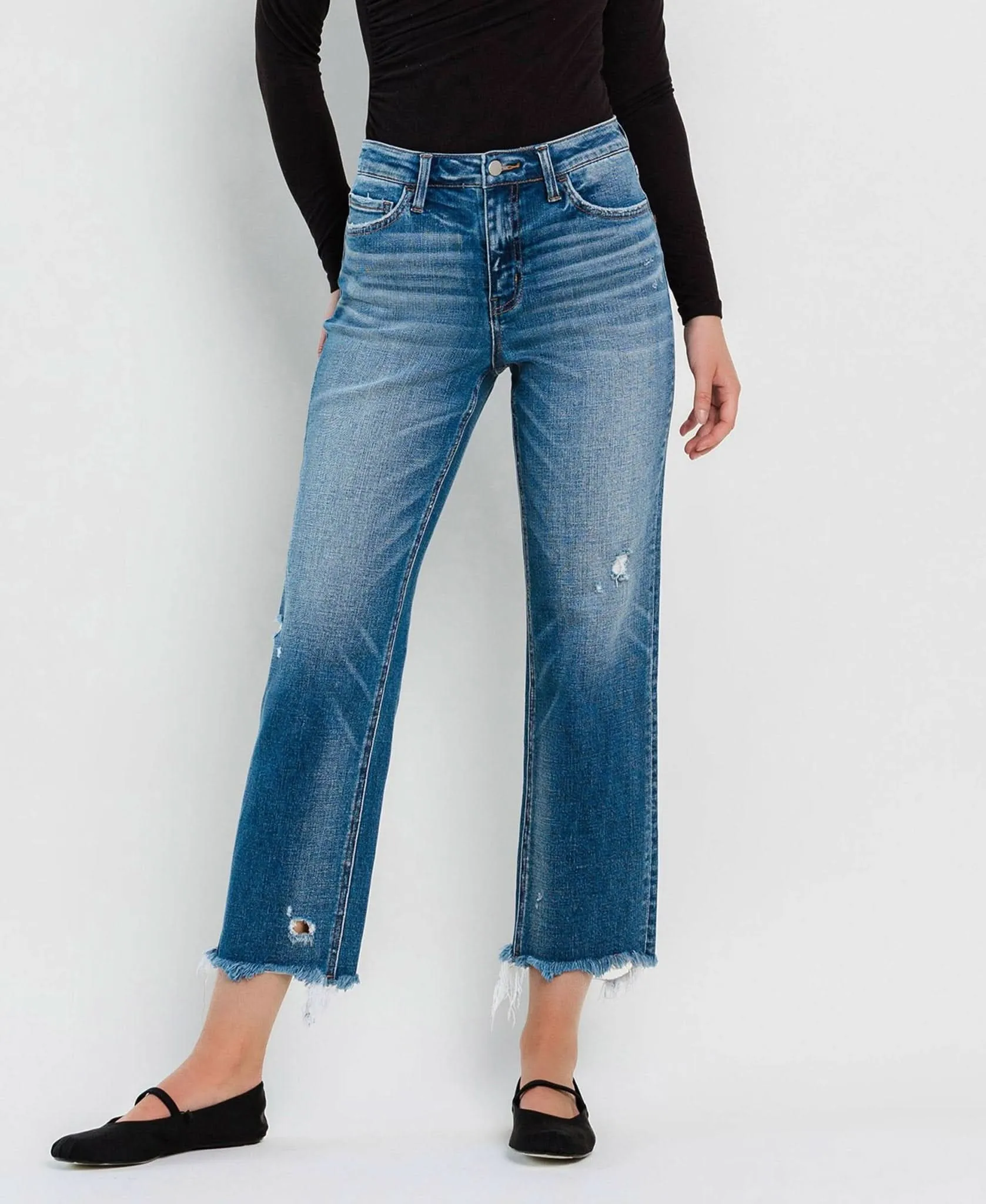 High Rise Frayed Hem Regular Straight Jeans