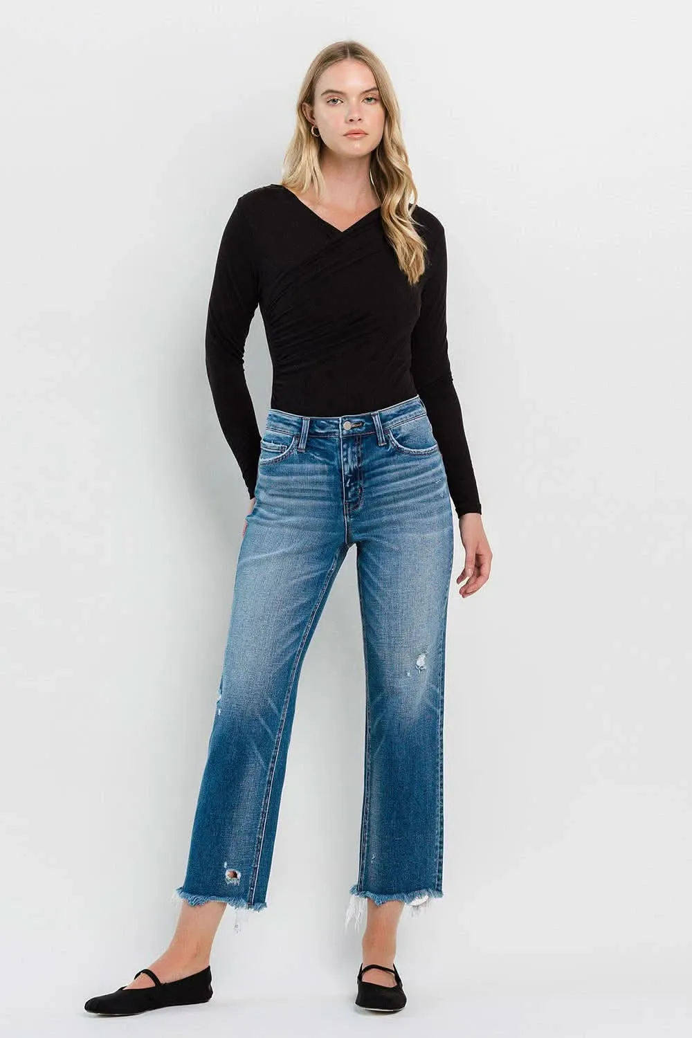 High Rise Frayed Hem Regular Straight Jeans