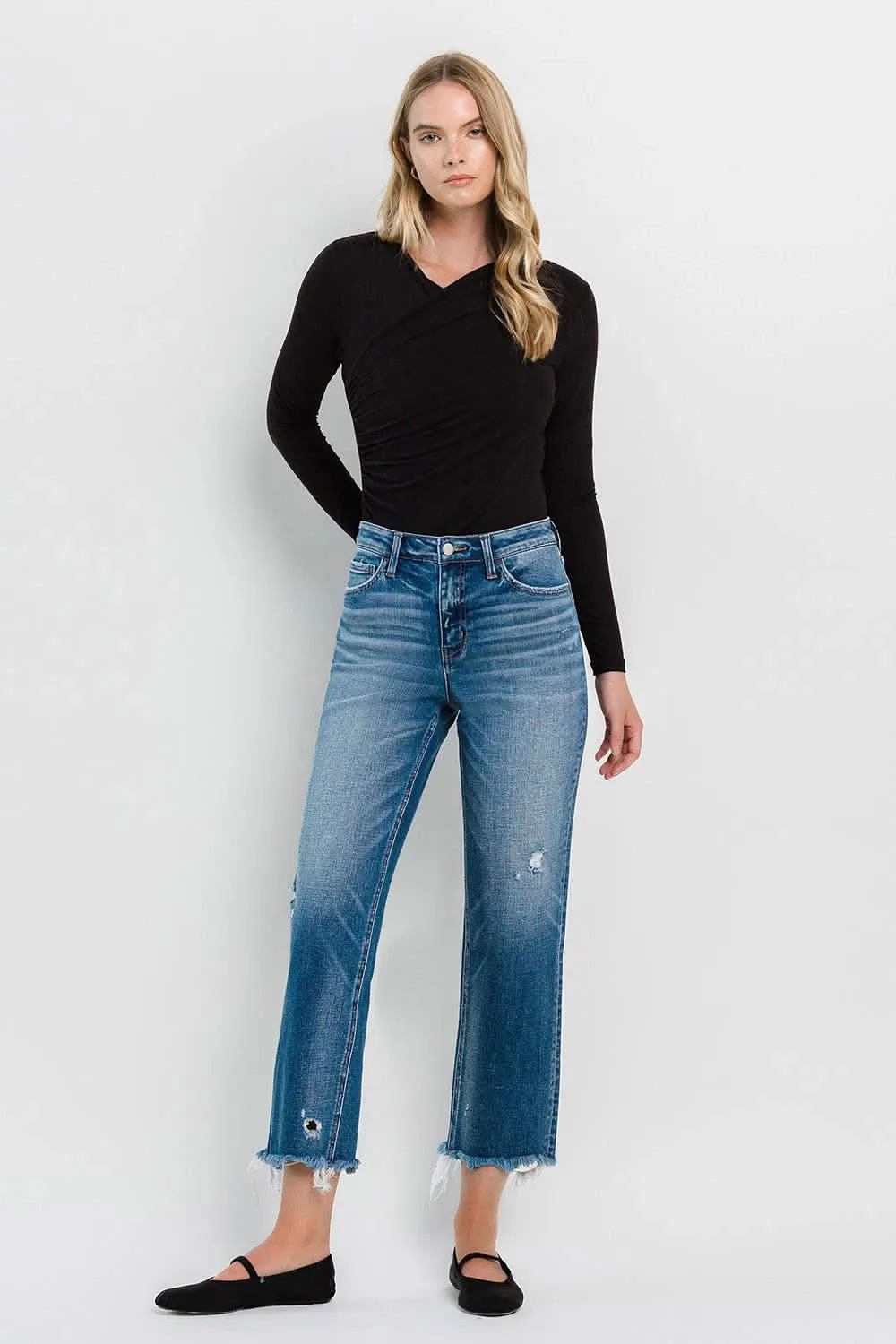 High Rise Frayed Hem Regular Straight Jeans