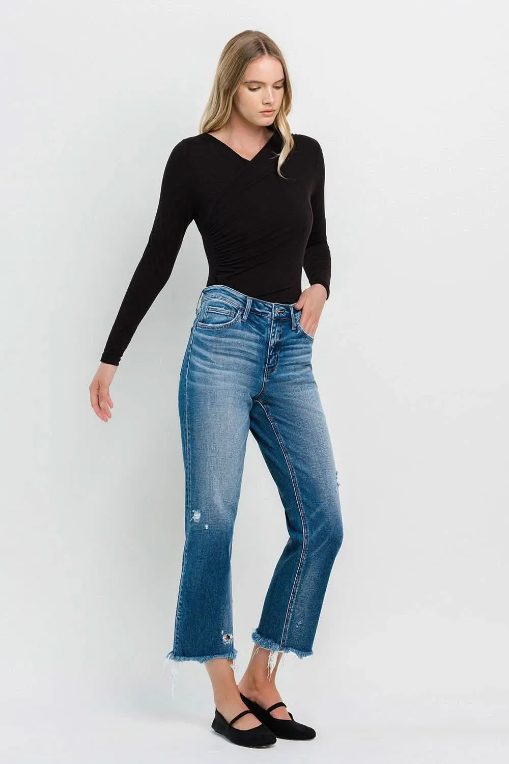 High Rise Frayed Hem Regular Straight Jeans