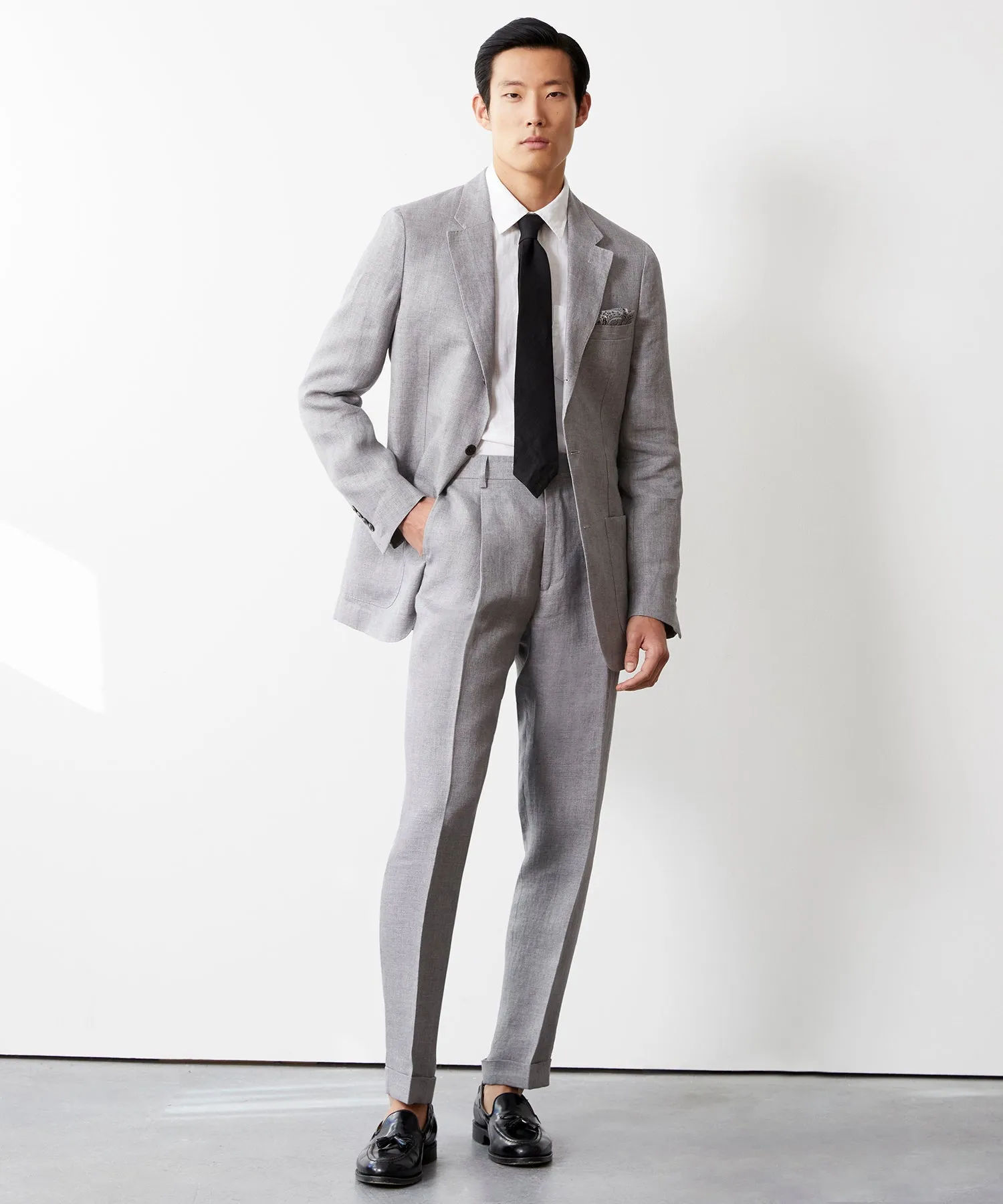 Italian Linen Madison Trouser in Light Grey Herringbone