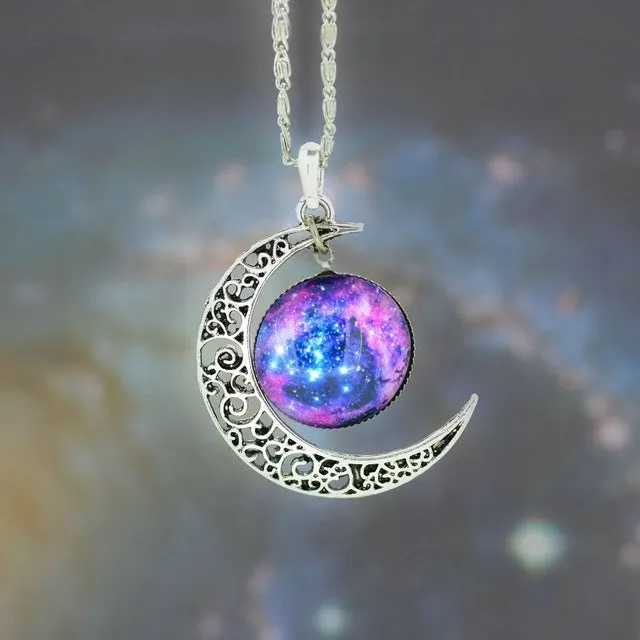 LIEBE ENGEL Brand Silver Color Jewelry Moon Statement Necklace Glass Galaxy Collares Necklace&Pendants Maxi Necklace Women 2017