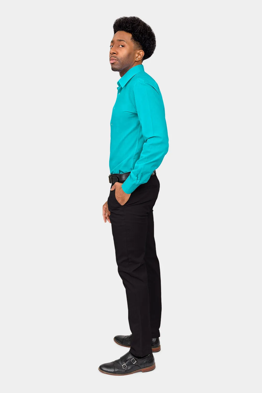 Men's Slim Fit Solid Color Dress Shirt (Turquoise)