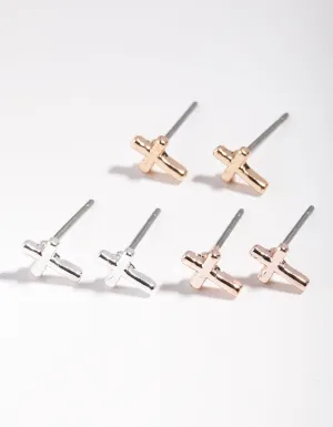 Mixed Metal Cross Stud Earring Pack