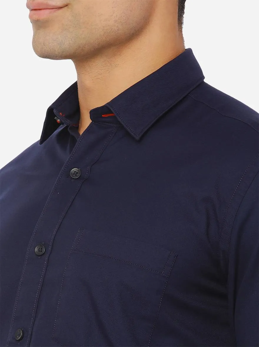 Navy Blue Solid Slim Fit Semi Casual Shirt | JadeBlue